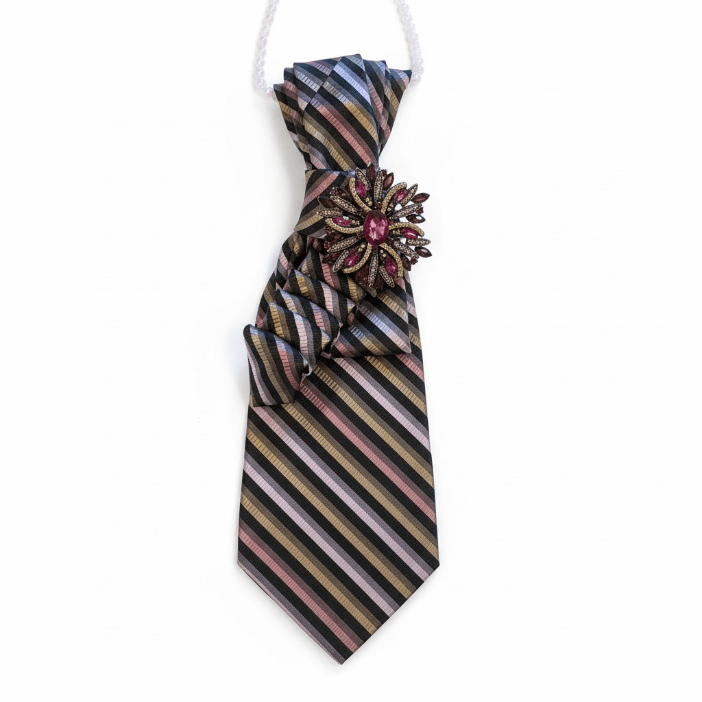 Rosette Stripe Statement Tie | One-of-One Handcrafted Luxury Tie featuring unique striped design and jeweled rosette accent.
