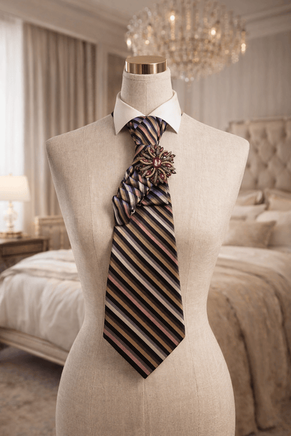 Rosette Stripe Statement Tie | One-of-One Handcrafted Luxury Tie displayed on a mannequin in an elegant setting.