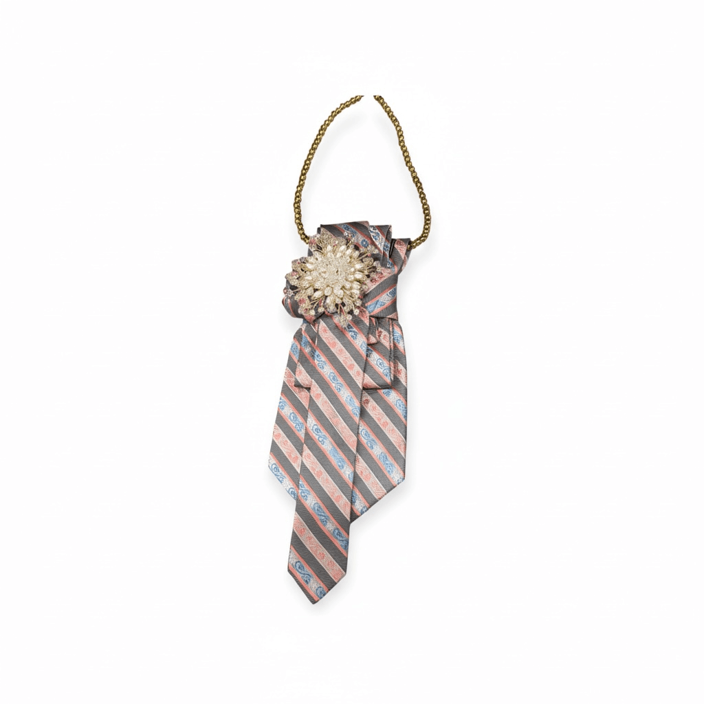 Champagne Rosette Statement Tie | One-of-One Handcrafted Luxury Accessory with soft striped design and crystal accent.