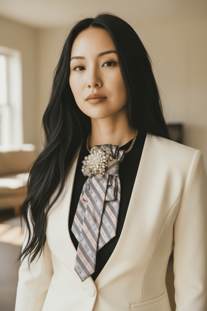 Champagne Rosette Statement Tie | One-of-One Handcrafted Luxury Accessory worn elegantly by a woman in a tailored outfit.