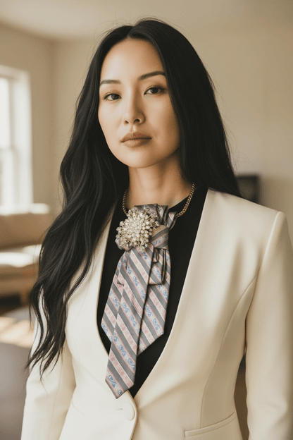 Champagne Rosette Statement Tie | One-of-One Handcrafted Luxury Accessory worn elegantly by a woman in a tailored outfit.