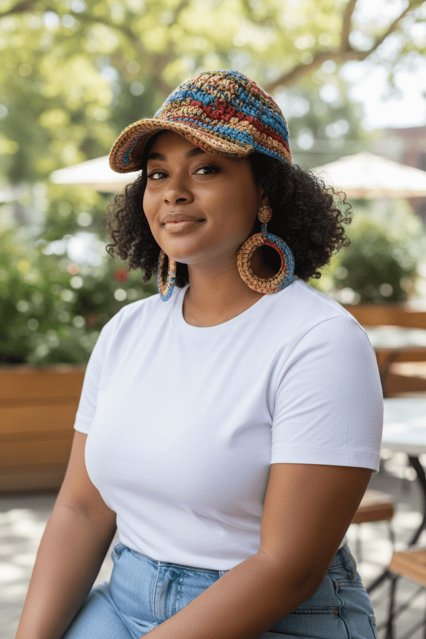 Model wearing the Signature Texture Crown Set - Boho Harmony – Handmade Multicolor Festival Chic with crochet hat and earrings.