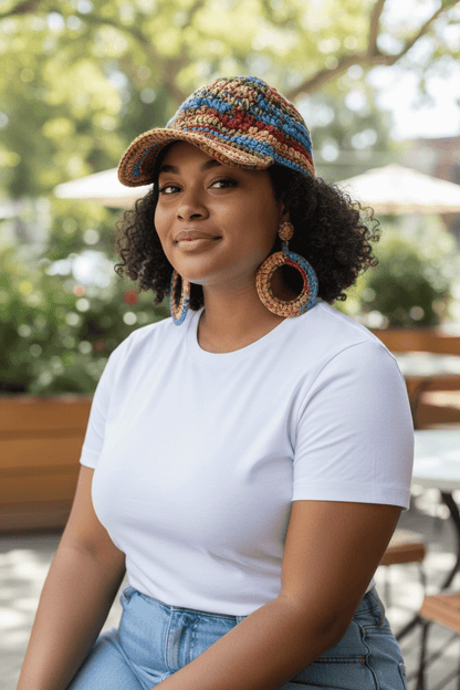 Model wearing the Signature Texture Crown Set - Boho Harmony – Handmade Multicolor Festival Chic with crochet hat and earrings.