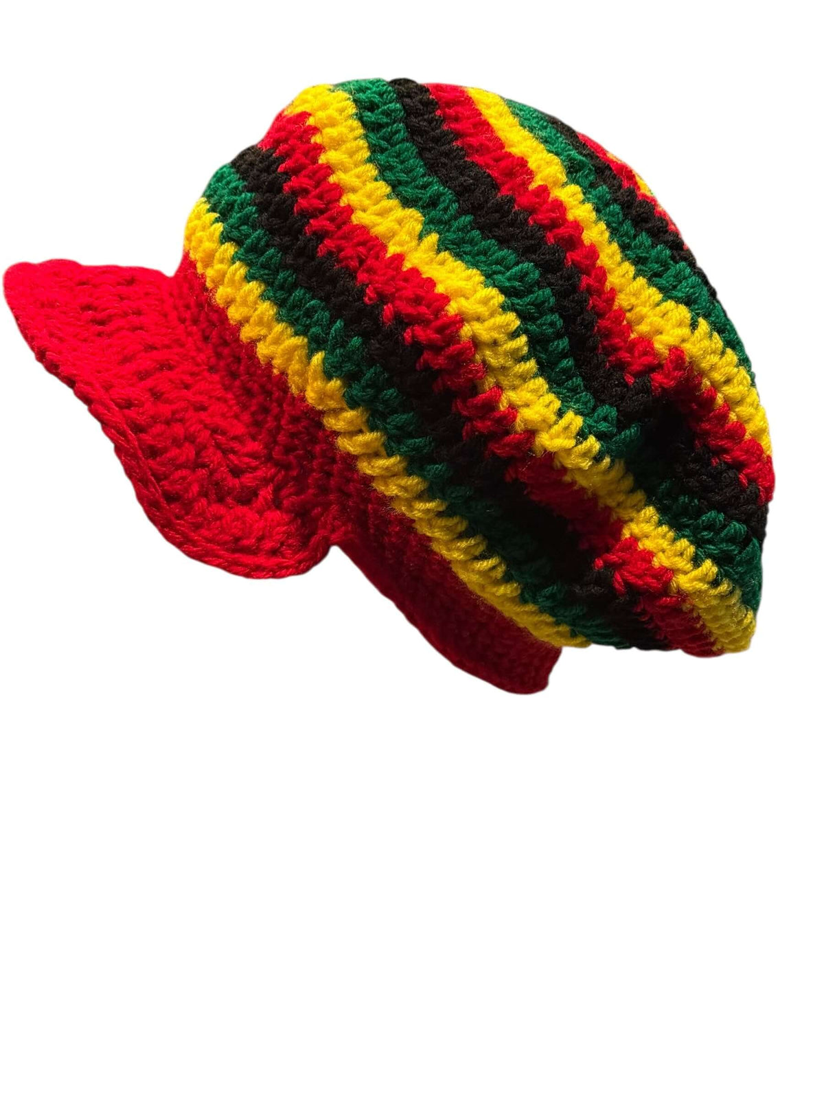 Rasta Rhythm Crochet Newsboy Cap & Statement Earring Set featuring a colorful handcrafted crochet cap.