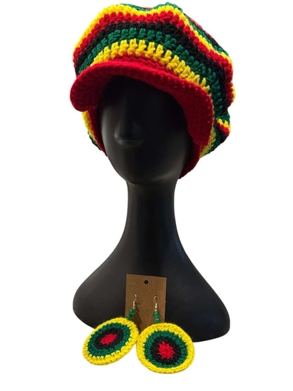 Rasta Rhythm Crochet Newsboy Cap & Statement Earring Set featuring vibrant colors and handcrafted design.
