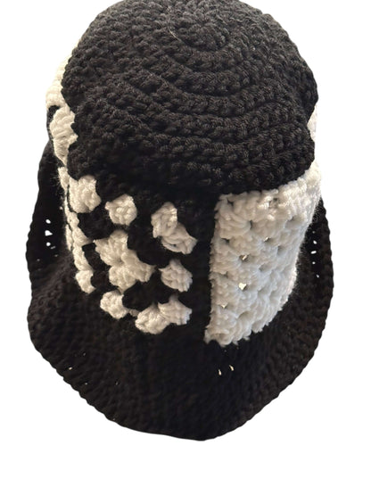 Midnight Mosaic Crochet Hat & Statement Earring Set featuring a handcrafted black and white crochet granny hat.