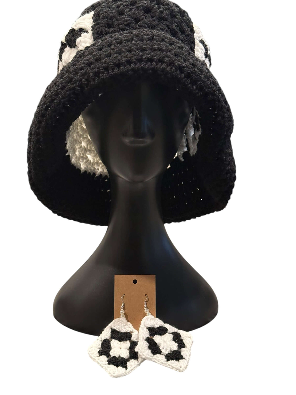 Midnight Mosaic Crochet Hat & Statement Earring Set featuring a stylish knitted hat and coordinating earrings.