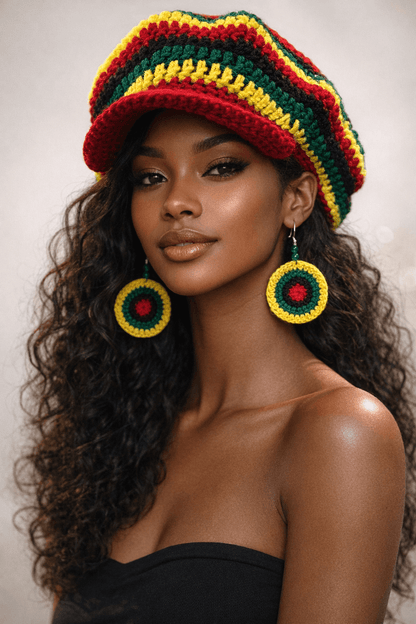 Rasta Rhythm Crochet Newsboy Cap & Statement Earring Set worn by model, featuring vibrant crochet design and colorful earrings.