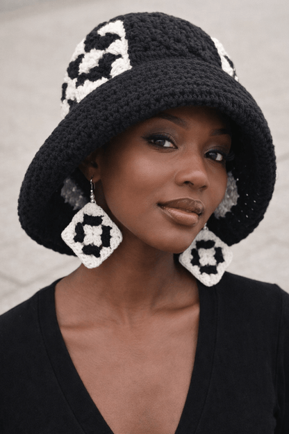 Midnight Mosaic Crochet Hat & Statement Earring Set worn by a model showcasing the unique design and texture.