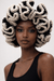 Monochrome Ruffle Crown-Signature Texture Crown worn by model, showcasing its elegant ruffle detailing and sophisticated design.