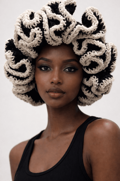 Monochrome Ruffle Crown-Signature Texture Crown worn by model, showcasing its elegant ruffle detailing and sophisticated design.