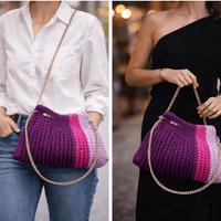 Amethyst Crochet Chain Bag showcased in casual and elegant outfits, highlighting its vibrant colors and versatility.