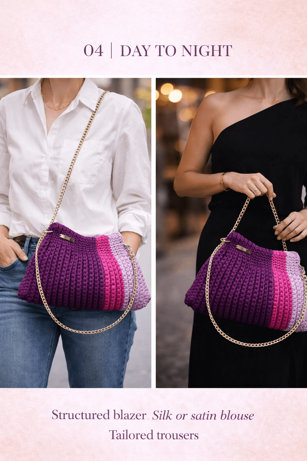 Amethyst Crochet Chain Bag showcased in casual and elegant outfits, highlighting its vibrant colors and versatility.
