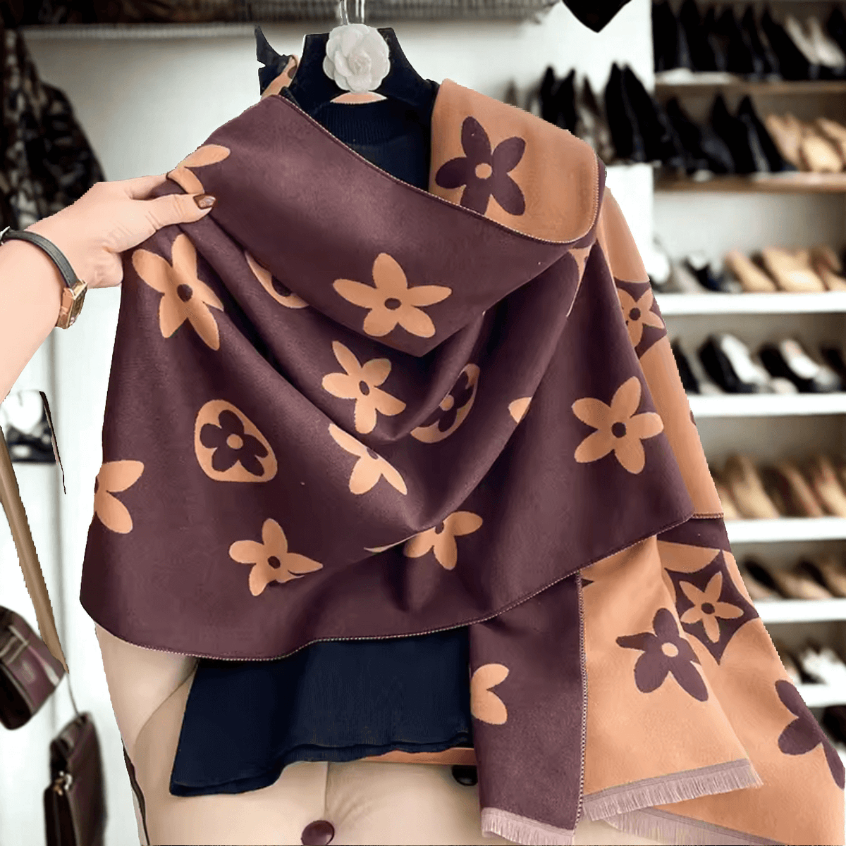 Floral Print Reversible Shawl featuring a bold floral pattern in warm cocoa and tan tones, perfect for layering.