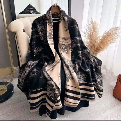 Parisian Midnight Toile Wrap – Luxury Cashmere-Like Legacy Luxe Shawl draped elegantly, showcasing ornate toile design.