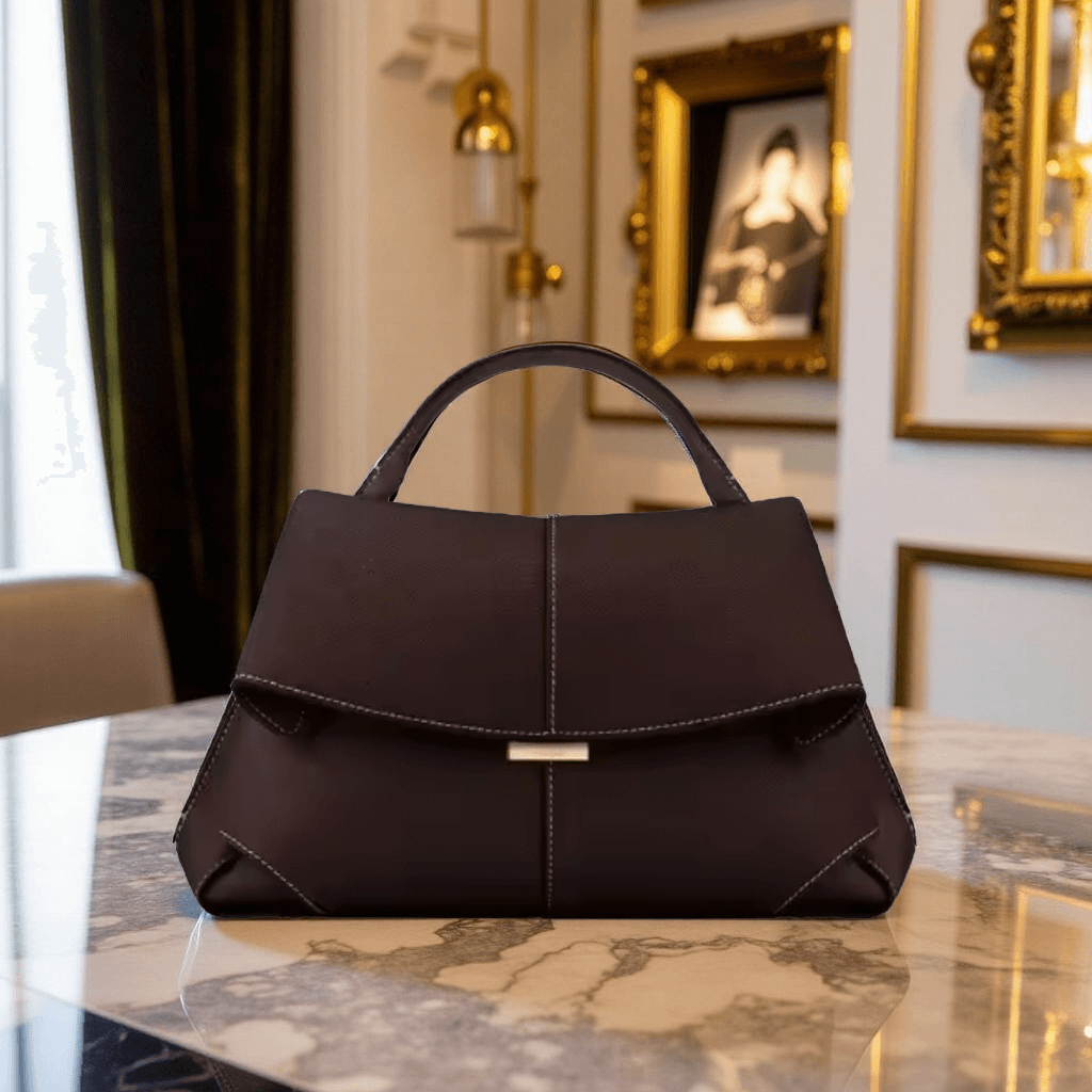 Classic Structured Leather Handbag elegantly displayed on a marble table in an upscale setting.