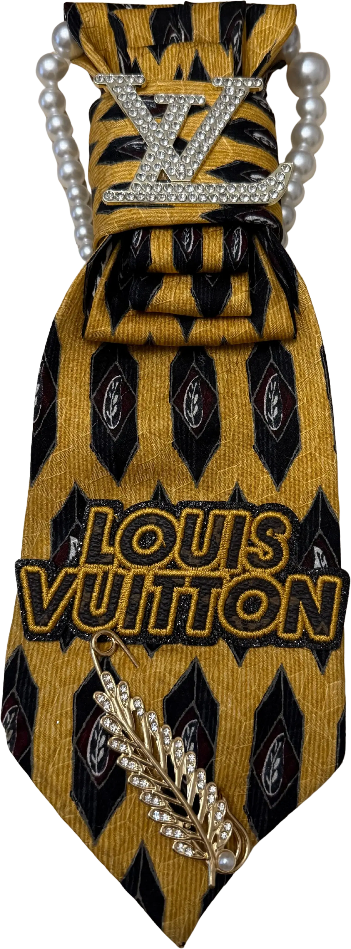 Legacy Luxe Royal Crest Gold Tie – Exclusive Handmade Statement Tie with pearl accents and couture embellishments.