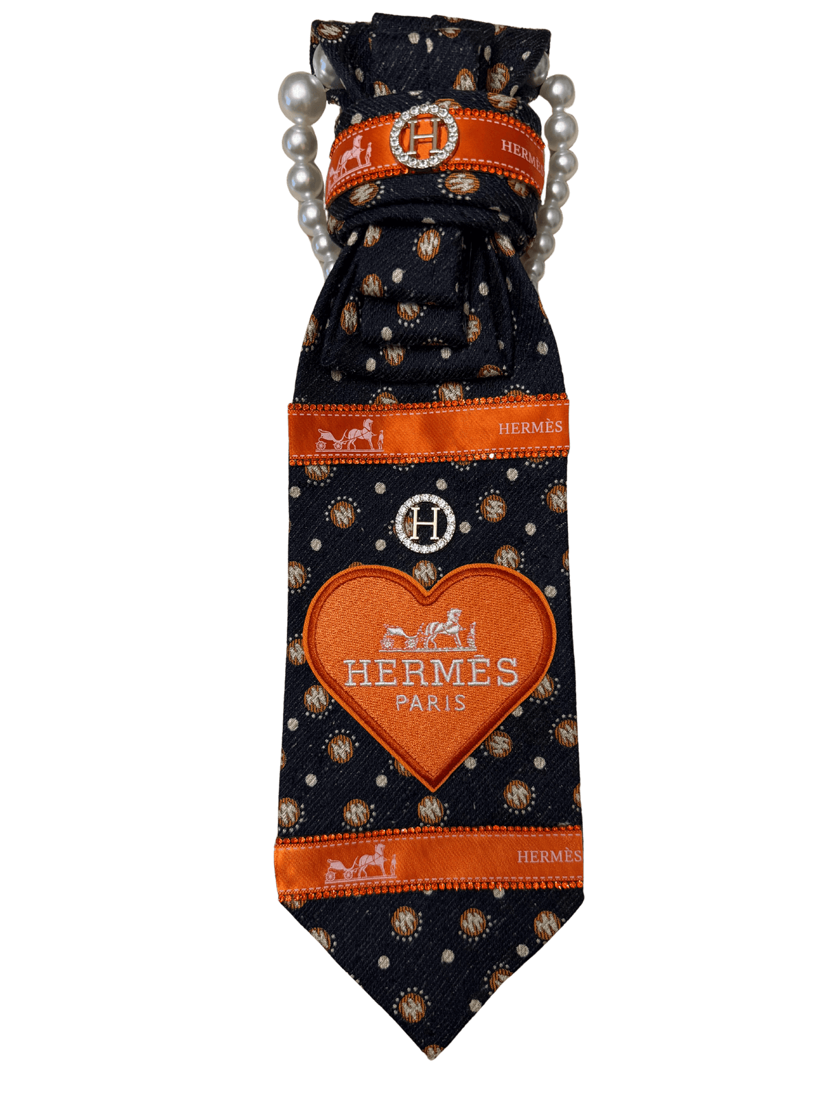 Legacy Luxe Designer-Inspired Tie – Heart of Paris Edition with navy and orange accents, featuring pearl detail.