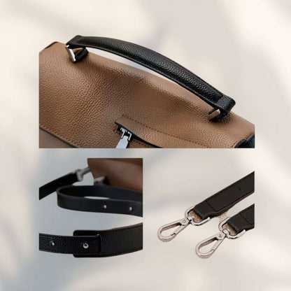 Sienna Grace Satchel | Legacy Dealz Handcrafted Leather Bag showing top handle and adjustable strap details.