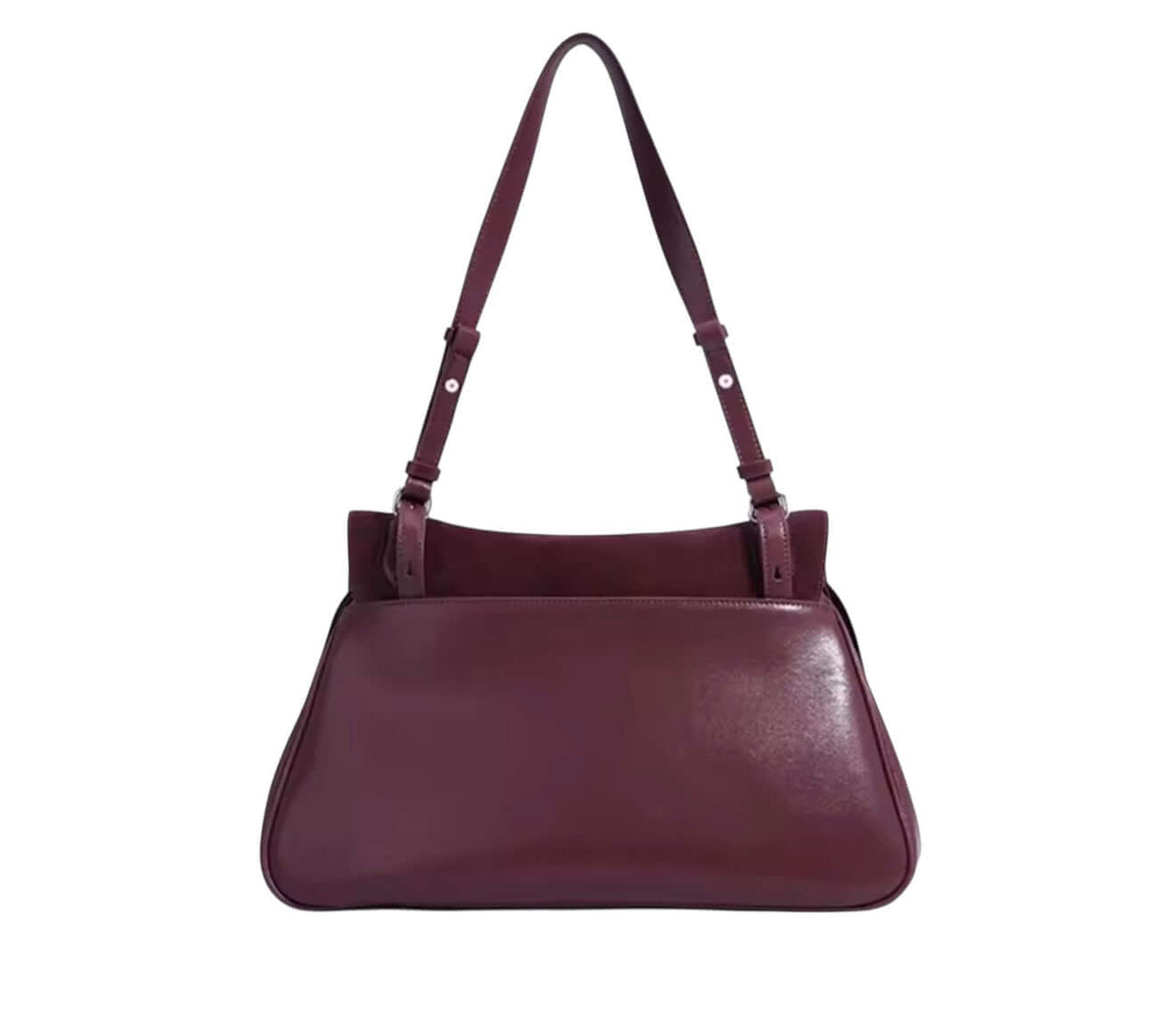 Merlot Suede Elegance Bag, a luxurious wine-colored bag with smooth silhouette and polished silver twist-lock.