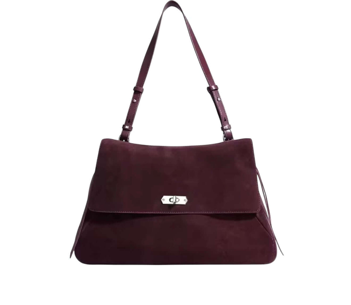 Merlot Suede Elegance Bag, premium suede bag in deep wine hue with polished silver twist-lock and chic design.