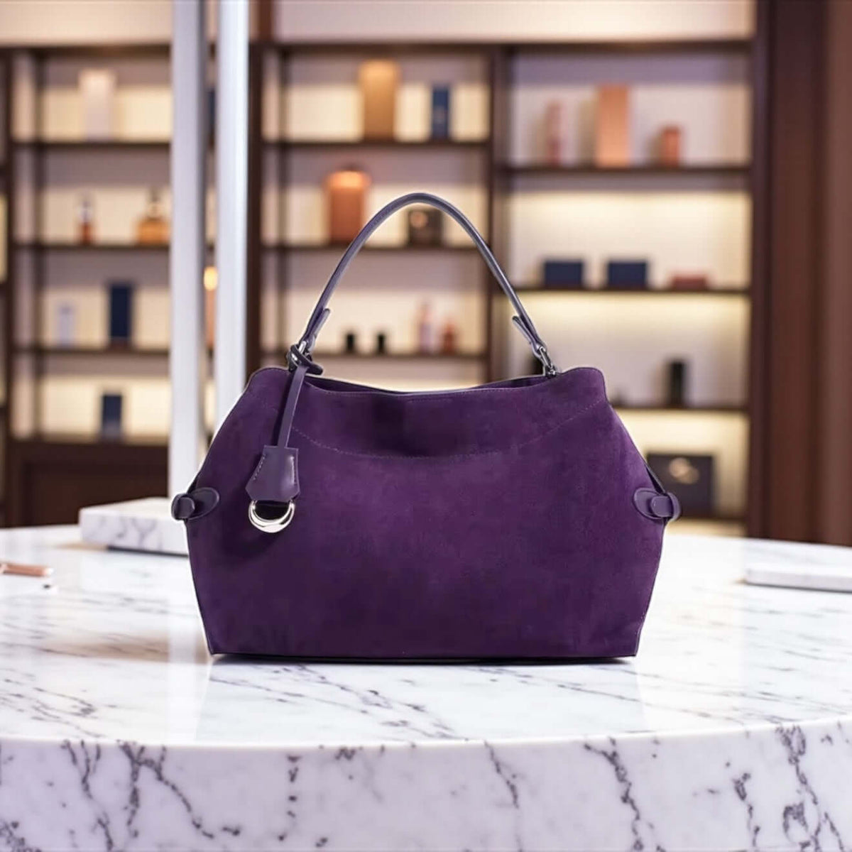 The Amara Two-Tone Crossbody | Suede & Leather Bag – Legacy Dealz showcased on a marble table.