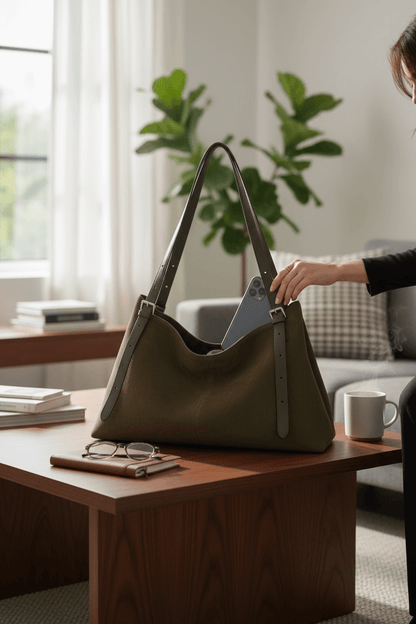 Autumn Luxe Crossbody – Suede & Leather Fall Handbag | Legacy Dealz on a coffee table with a phone and glasses.