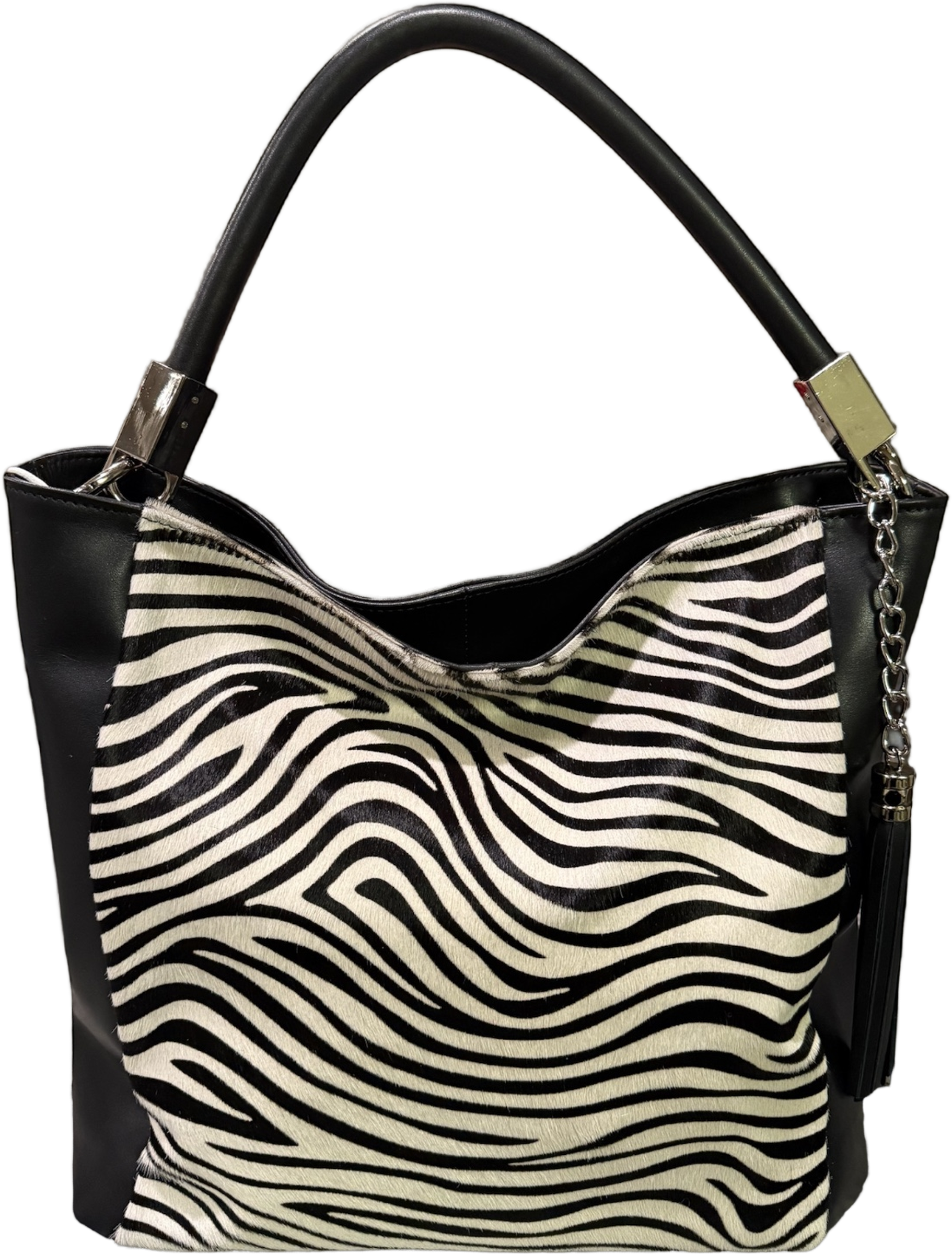 Italian Leather Savanna Striped Tote – Black & White Cowhair Handbag