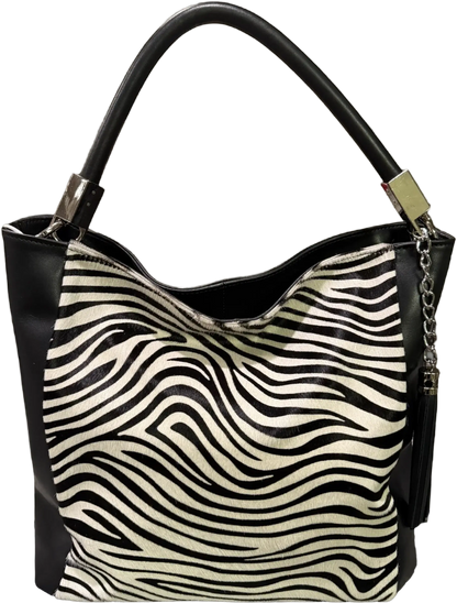 Italian Leather Savanna Striped Tote – Black & White Cowhair Handbag featuring zebra print design.