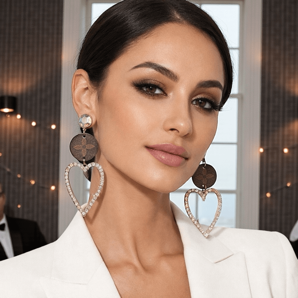 Model showcasing Legacy Heartloom Earrings | Upcycled Heart Statement Earrings for bold and effortless style.