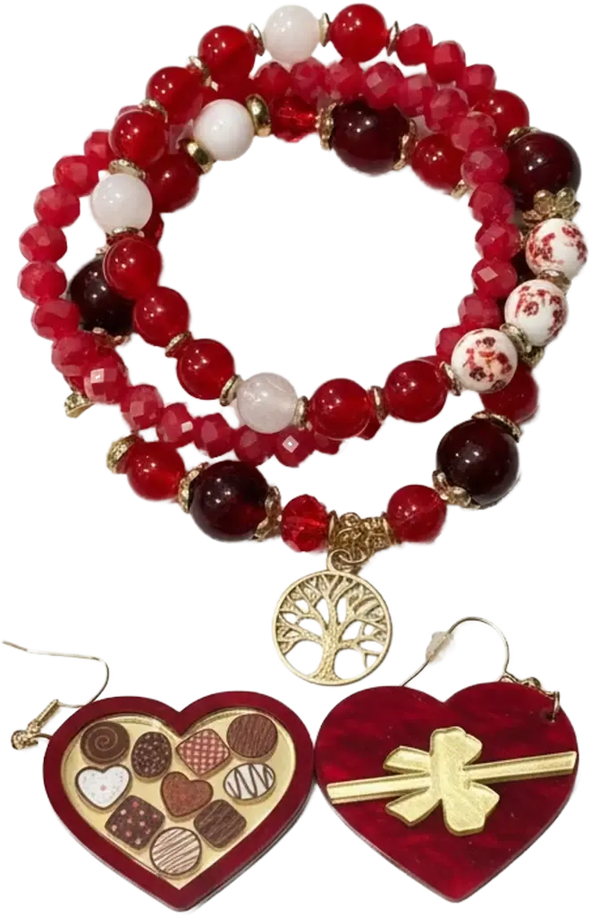 Crimson Heirloom Heart Jewelry Set – One of One featuring heart earrings and multi-strand bracelets in rich crimson hues.