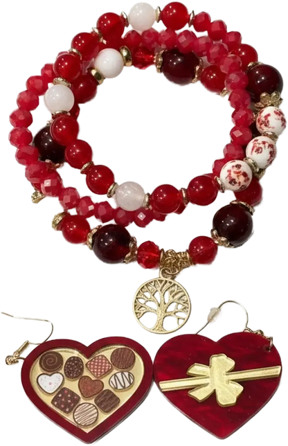 Crimson Heirloom Heart Jewelry Set – One of One featuring heart earrings and multi-strand bracelets in rich crimson hues.
