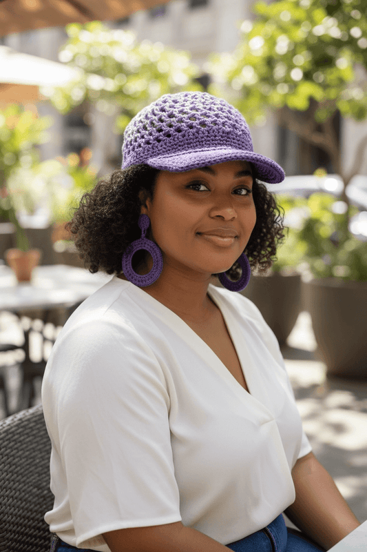 Signature Texture Crown Set-Violet Bloom- Handmade Statement Style worn by a model showcasing its crochet design and earrings.