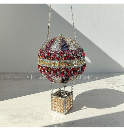Alizekerr Hot Air Balloon Shaped Crystal Evening Bags Women Luxury Classy Unique Rhinestone Circular Clutch Purses Wedding Party