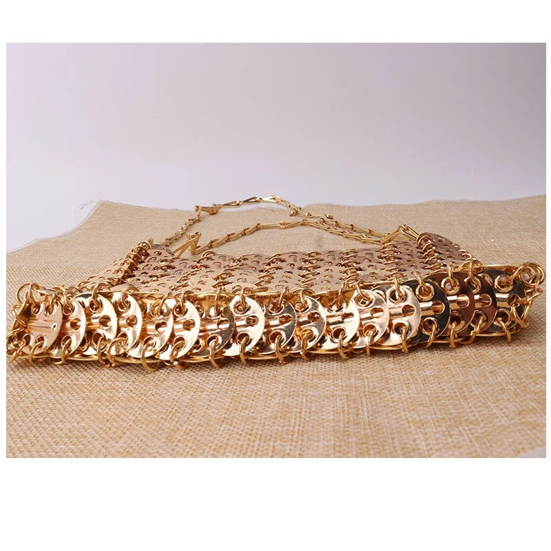 Women Bags Silver Metal Evening Bags Sequins Chain Woven Bag Hollow Clutch Purse Female Travel Holiday Shoulder Bag Handbag
