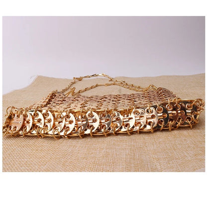 Women Bags Silver Metal Evening Bags Sequins Chain Woven Bag Hollow Clutch Purse Female Travel Holiday Shoulder Bag Handbag