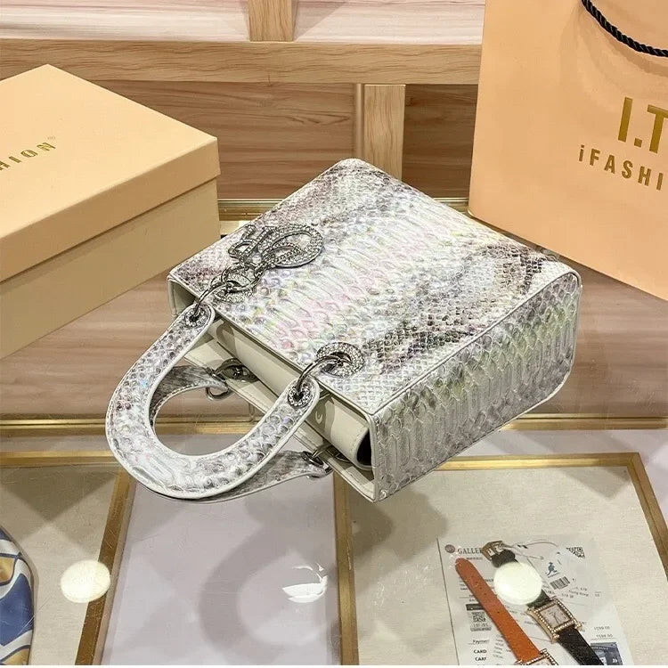 2024 New Luxury Snake Pattern Handbag Women's Fashionable Chain Shoulder Crossbody Bag True Leather Handbags