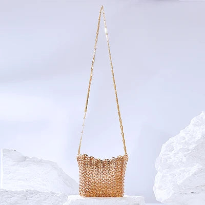 Women Bags Silver Metal Evening Bags Sequins Chain Woven Bag Hollow Clutch Purse Female Travel Holiday Shoulder Bag Handbag