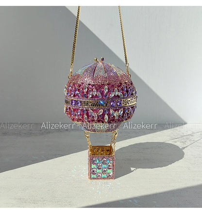 Alizekerr Hot Air Balloon Shaped Crystal Evening Bags Women Luxury Classy Unique Rhinestone Circular Clutch Purses Wedding Party