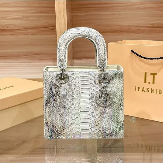 2024 New Luxury Snake Pattern Handbag Women's Fashionable Chain Shoulder Crossbody Bag True Leather Handbags