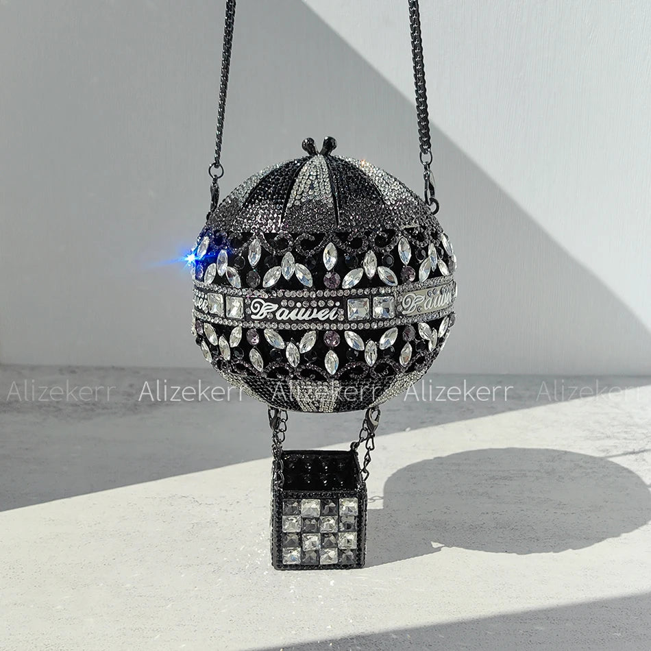 Alizekerr Hot Air Balloon Shaped Crystal Evening Bags Women Luxury Classy Unique Rhinestone Circular Clutch Purses Wedding Party