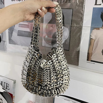 Women Bags Silver Metal Evening Bags Sequins Chain Woven Bag Hollow Clutch Purse Female Travel Holiday Shoulder Bag Handbag