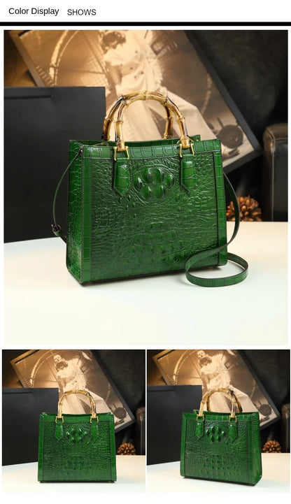 Brand Genuine Leather Real Bamboo Women's Bag Crocodile Pattern Handbag Portable Tote Bag Mom Tide Shoulder Messenger Bags
