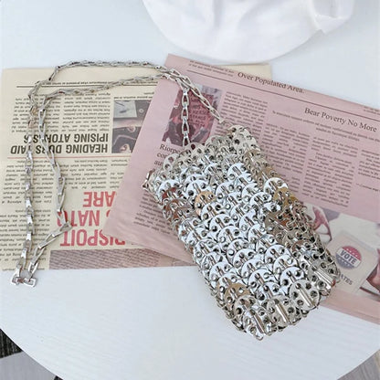 Women Bags Silver Metal Evening Bags Sequins Chain Woven Bag Hollow Clutch Purse Female Travel Holiday Shoulder Bag Handbag
