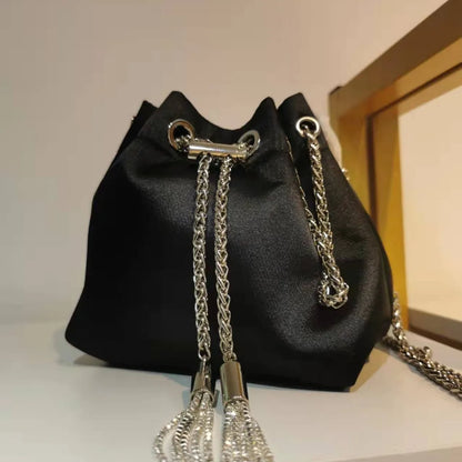 WOMEN BAG High Quality Silk Bucket Bags Diamonds Female Personalized Shoulder Tassels Chains Handbags For Women Crossbady Bag