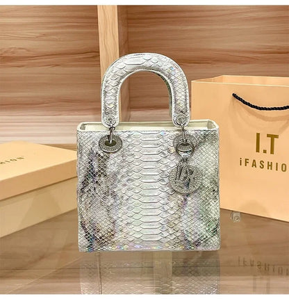 2024 New Luxury Snake Pattern Handbag Women's Fashionable Chain Shoulder Crossbody Bag True Leather Handbags