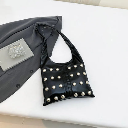 New Genuine Leather Rivet Bucket Bag Fashionabl Personality Trendy Cool Polka Dot Rivet Casual Luxury Brand Underarm Bag Handbag