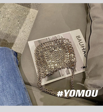 Women Bags Silver Metal Evening Bags Sequins Chain Woven Bag Hollow Clutch Purse Female Travel Holiday Shoulder Bag Handbag