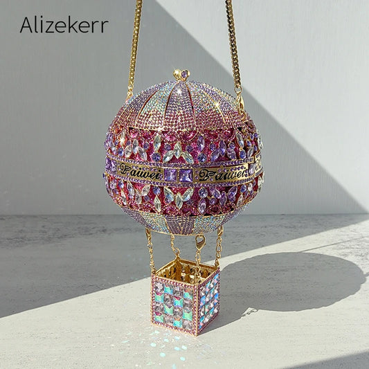 Alizekerr Hot Air Balloon Shaped Crystal Evening Bags Women Luxury Classy Unique Rhinestone Circular Clutch Purses Wedding Party