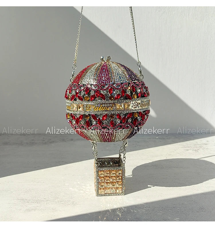 Alizekerr Hot Air Balloon Shaped Crystal Evening Bags Women Luxury Classy Unique Rhinestone Circular Clutch Purses Wedding Party